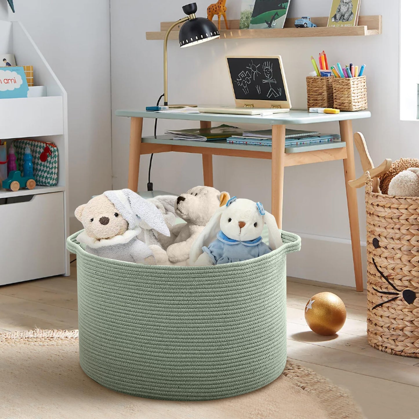 MEGASKET Extra Large Green Basket, 22" X 22" X 14" Woven Cotton Rope Baskets for Blankets, Nursery Wicker Laundry Basket, Kids Toy Storage Bin, Green Living Room Office Decor Baskets for Organizing