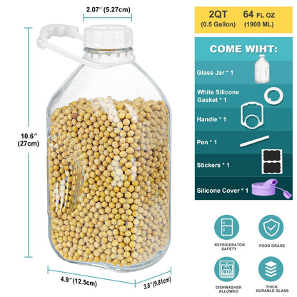 Ritayedet 64 Oz Heavy Duty Glass Milk Bottle with Reusable Airtight Strong SCREW LID - 1/2 Gallon Water Bottles with Scale Lines - 2 Qt Glass Milk Jug Pitcher - Extra Gaskets & Handle!