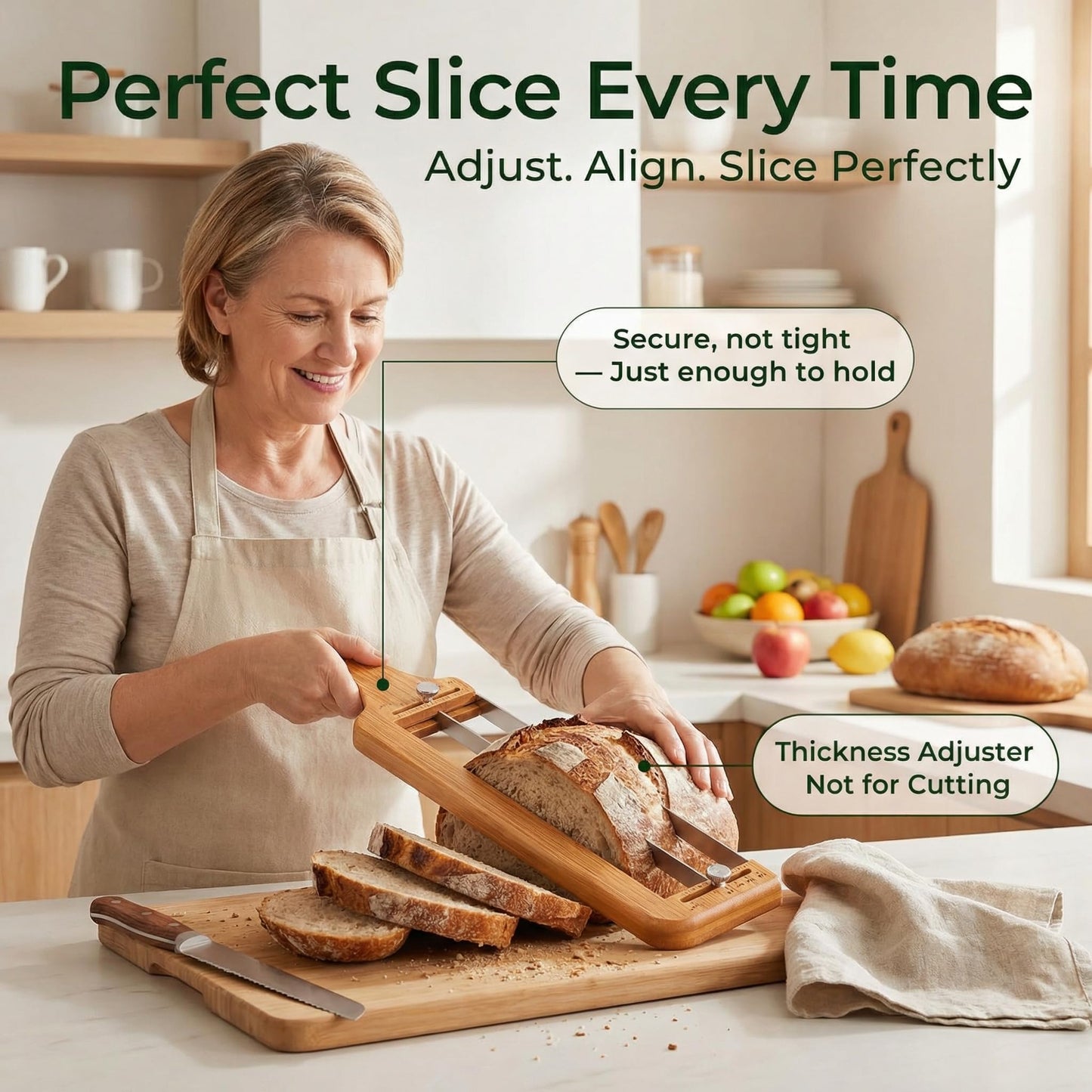 Adjustable Bread Slicer for Homemade Bread-Precision Upgrade Wooden Sourdough Bread Knife with Thickness Guide, Sharp Stainless Serrated Blade, Bread Cutter for Bagels, Baguettes, Gift for Bakers