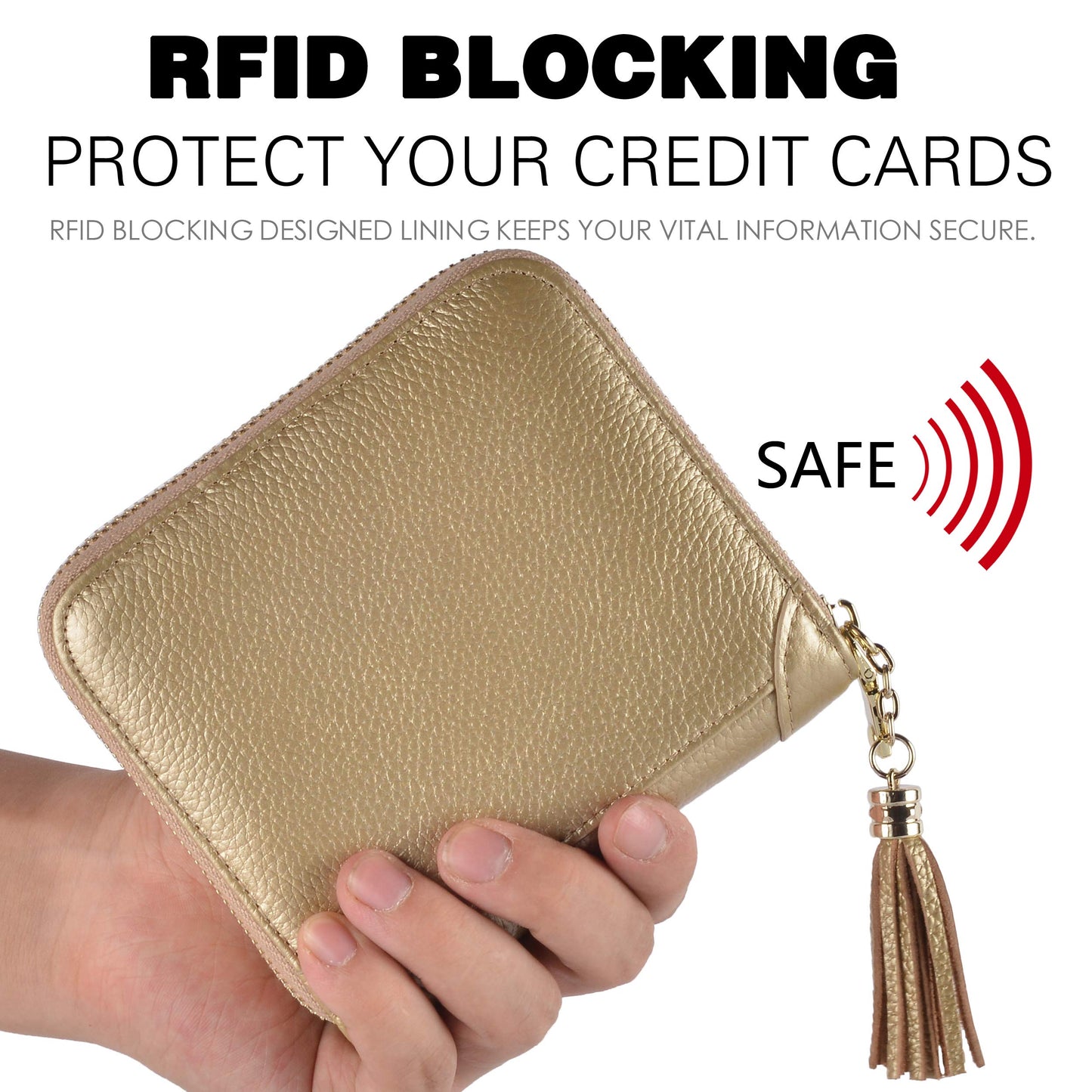 Easyoulife Womens Credit Card Holder Wallet Zip Leather Card Case RFID Blocking (Gold)