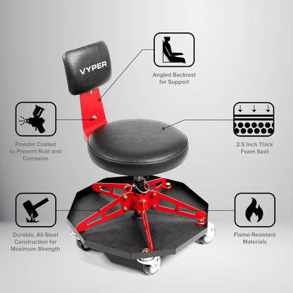 Vyper Robust Steel Sport Shop Chair for Mechanics, Automotive, DIY - Made in USA - 300 lb Capacity Garage Stool with Backrest & Large Wheels (Black Seat, Red Frame)