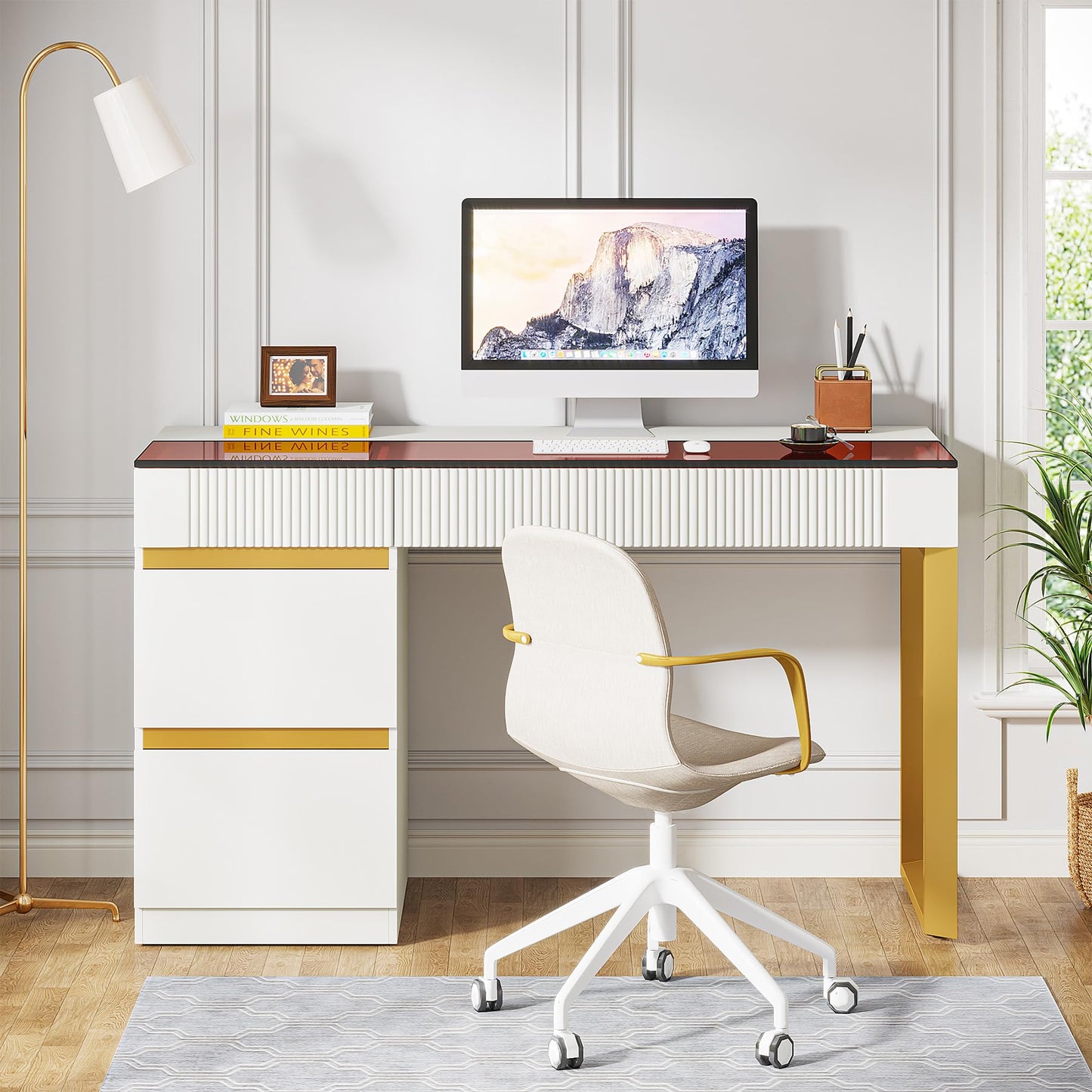 LITTLE TREE Computer Desk with 4 Drawers, 47 Inch Modern Home Office Desk with Glass Top, White and Gold Writing Workstation Desk with Storage