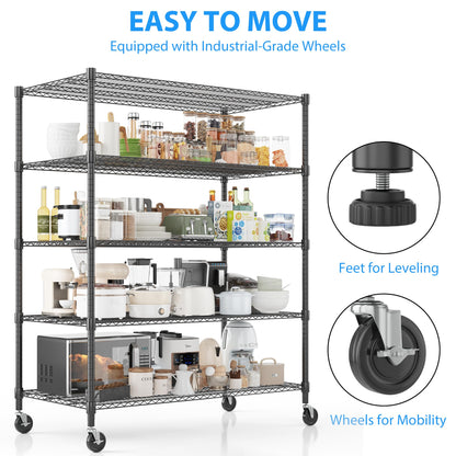 Homdox Heavy Duty Storage Shelves, 5 Tier Wire Shelving Unit with Wheels, Commercial Adjustable Metal Shelves for Storage, Garage Rack Pantry Shelves Kitchen Shelving, 24"x60"x82", Black