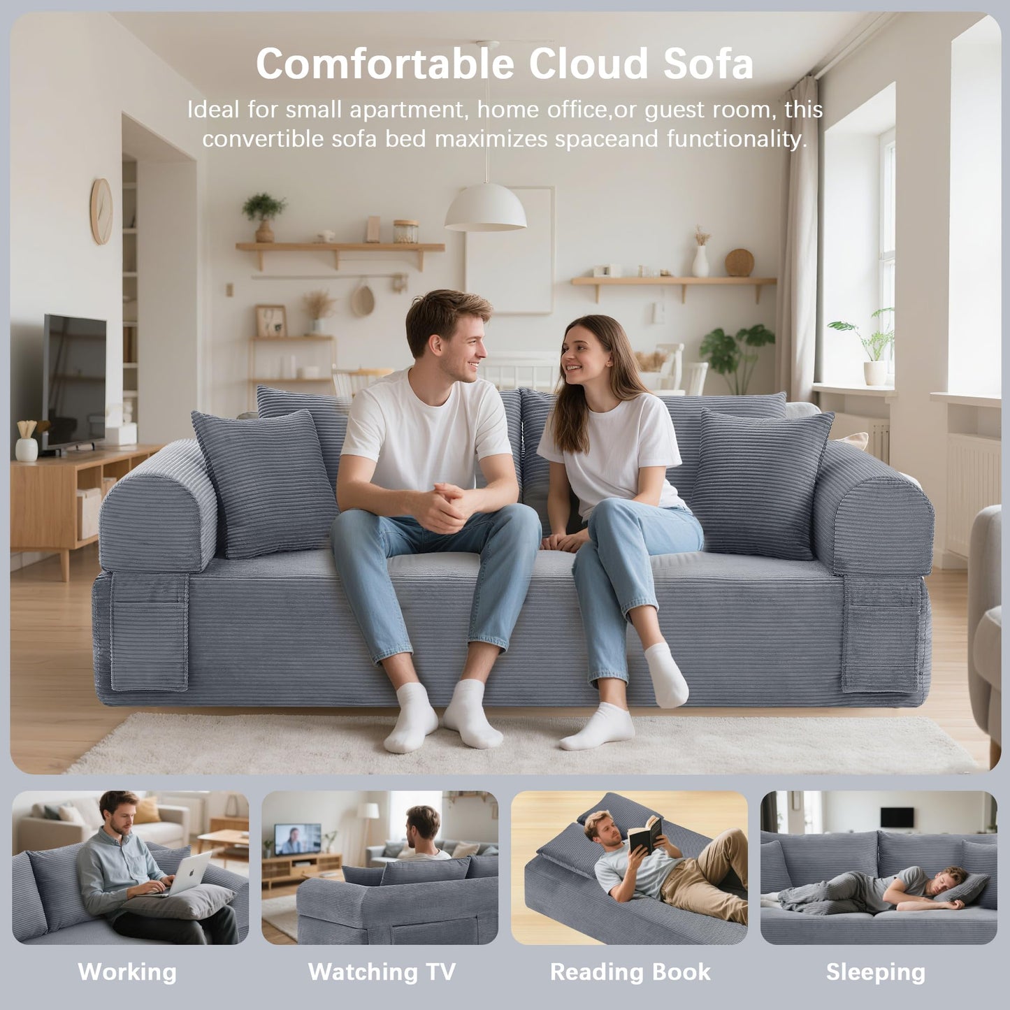 83" Modern Sofa in a Box, No Assembly Oversized 3 Seater 28" Deep Seat Cloud Sofa Bed Couch with 4 Furry Pillows & Corduroy Fabric, Boneless Couch with Side Storage Pockets for Living Room, Dark Grey