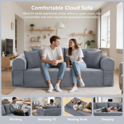 83" Modern Sofa in a Box, No Assembly Oversized 3 Seater 28" Deep Seat Cloud Sofa Bed Couch with 4 Furry Pillows & Corduroy Fabric, Boneless Couch with Side Storage Pockets for Living Room, Dark Grey