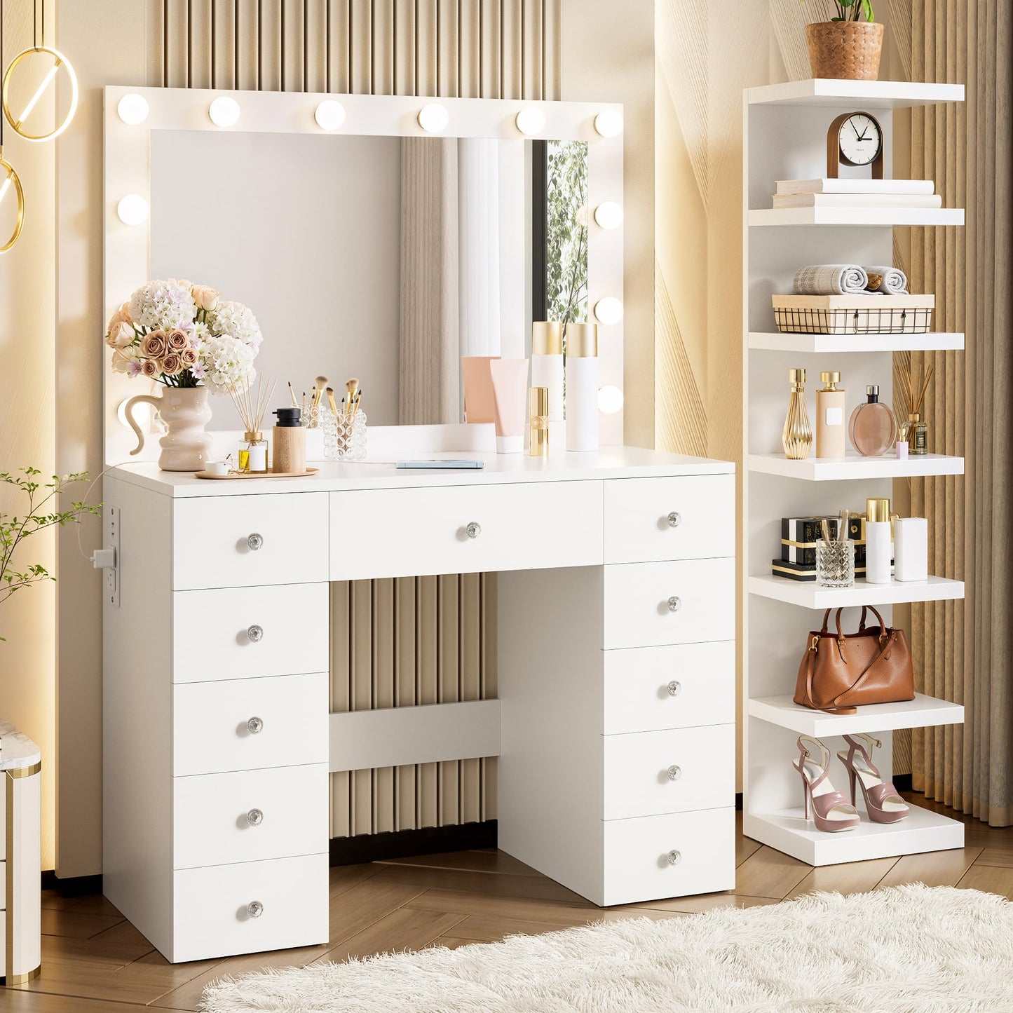 Merax White Makeup Vanity Desk with Large Mirror and 7-Tier Storage Shelves, Modern Dressing Table& 12 Hollywood Bulbs, Power Outlet and 11 Drawers, 3 Color Lighting Modes