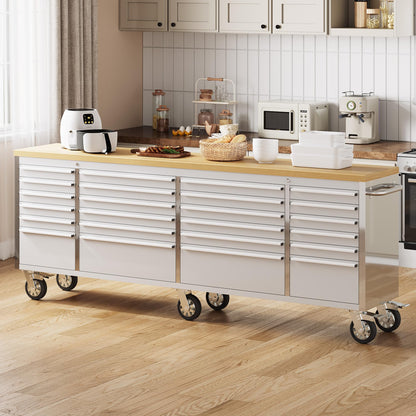 GarveeLife 96-Inch Rolling Tool Chest with 24 Drawers Garage Workbench, Solid Rubberwood Top, Storage Cabinet with Wheel Lock and Key Lock for Workshop, Garage, Kitchen and Home