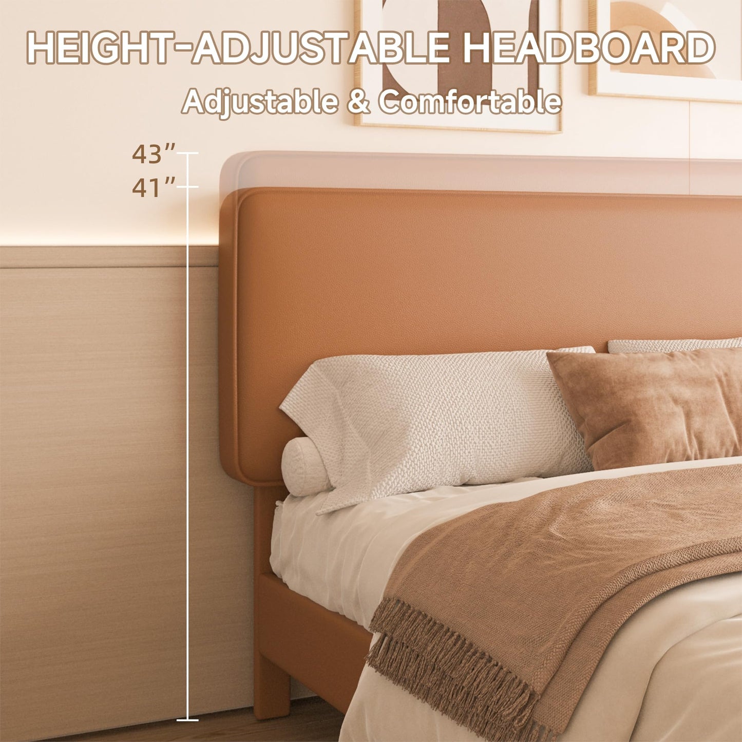 Lcwtvgxr King Size Leather Platform Bed Frame with Adjustable Upholstered Headboard, Solid Wooden Legs, No Box Spring Needed, Easy Assembly, Noise Free, Orange-Brown