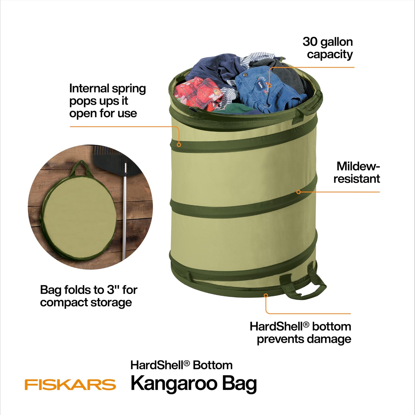 Fiskars Kangaroo Collapsible Garden Bag with Heavy Duty Hardshell Bottom for Yard Waste, 30 Gallon Reusable Container for Lawn Care and Gardening