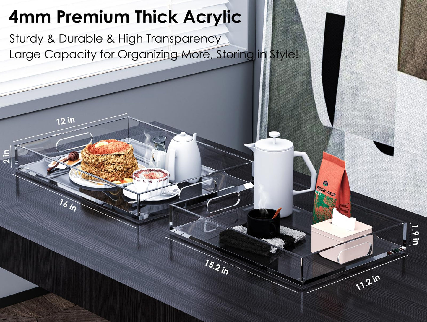Collwait 2 Pack Serving Tray with Handles, Clear Acrylic Tray for Serving Food, Large Outdoor Food Trays for Eating, Lucite Acrylic Trays for Appetizer, Pizza, Fruit and Drinks, Unbreakable, 16"×12"