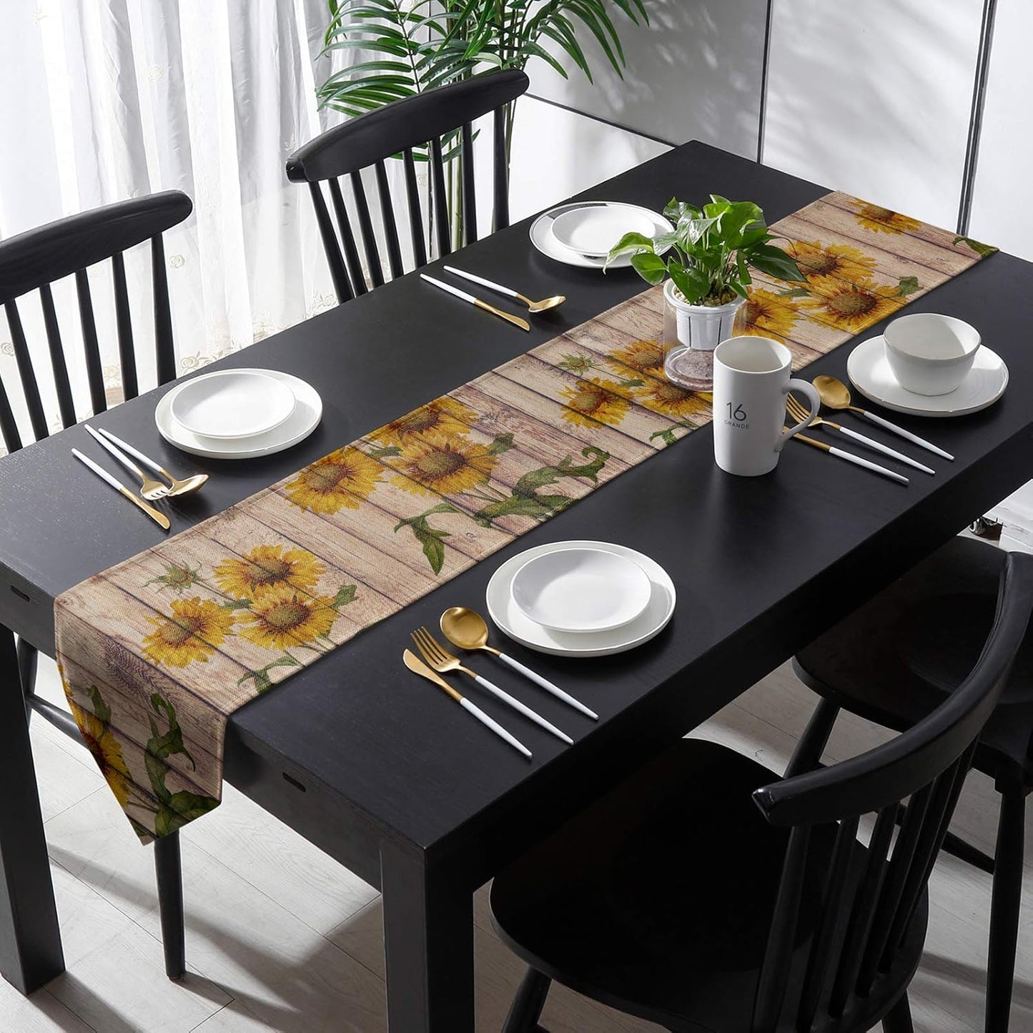 Cotton and Linen Triangle Table Runners, 108 Inches Long, Blooming Sunflowers Dresser Scarves for Wedding Party