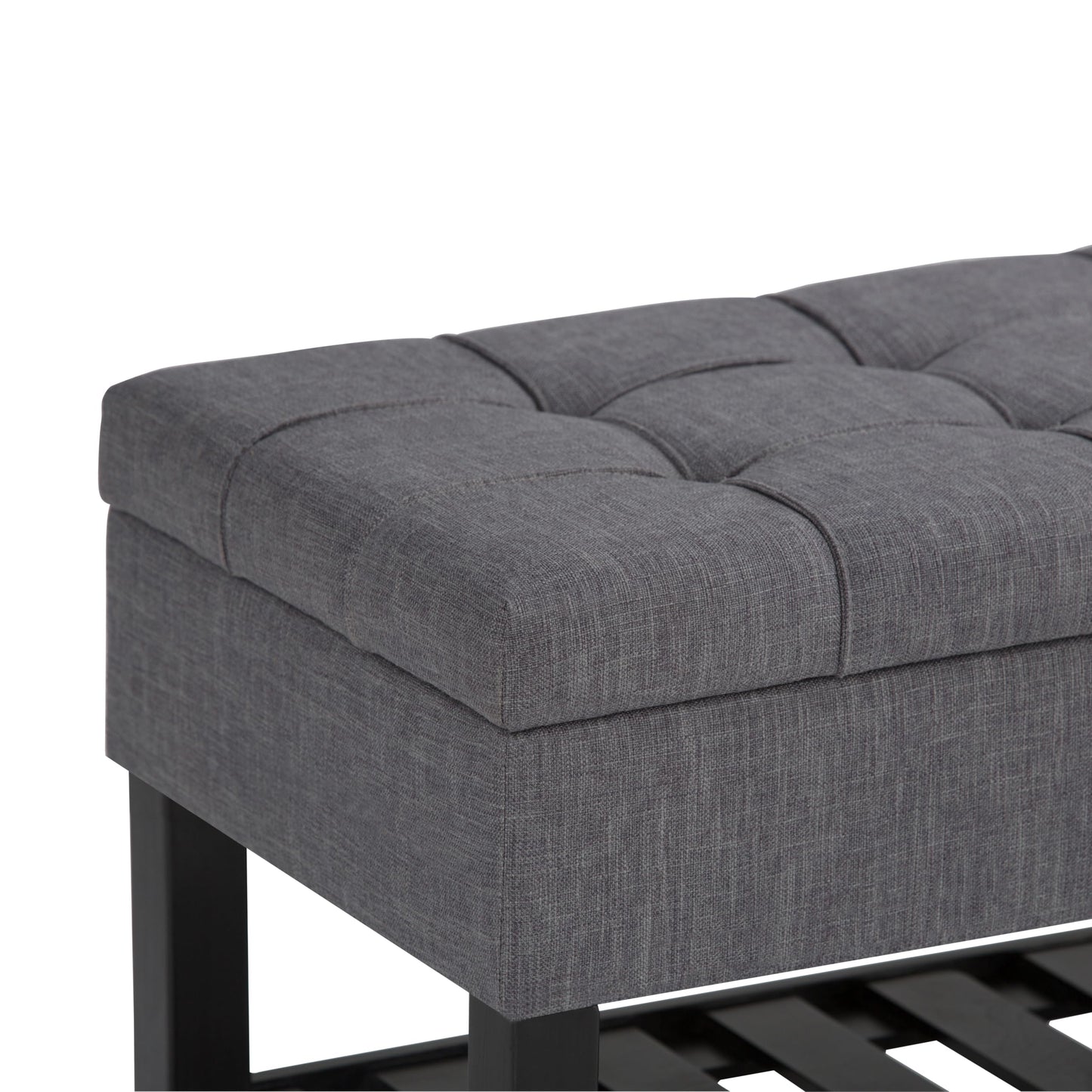 SIMPLIHOME Saxon Storage Ottoman Bench - 43 inch Wide Upholstered Linen Look Fabric Rectangle Storage Ottoman in Slate Grey, Transitional Bench for Bedroom with Tufted Lift-Top and Open Bottom Shelf
