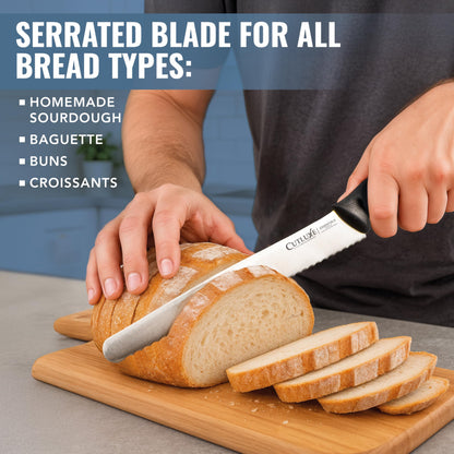 Cutluxe Bread Knife with Cover – 10" Razor-Sharp Serrated Stainless Steel Blade, Ergonomic Anti-Slip Handle – Perfect for Sourdough & Homemade Bread