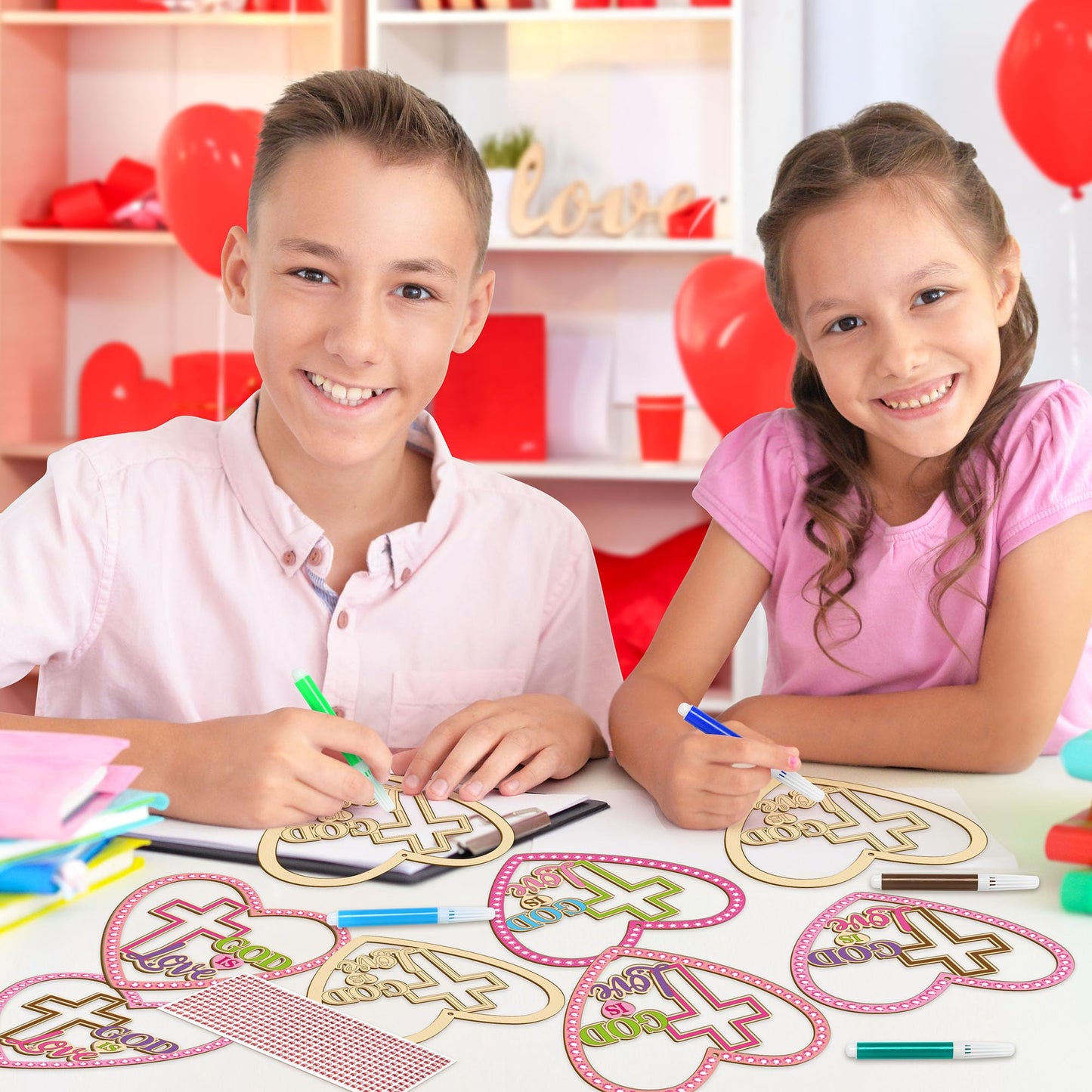 BeYumi Valentines Wooden Ornament Craft - 20Pcs Valentine's Day DIY Wooden GOD is Love Ornaments Craft Kit for Kids Make Your Own Religious Cross Decor with Gem Stickers Church School Party Supplies