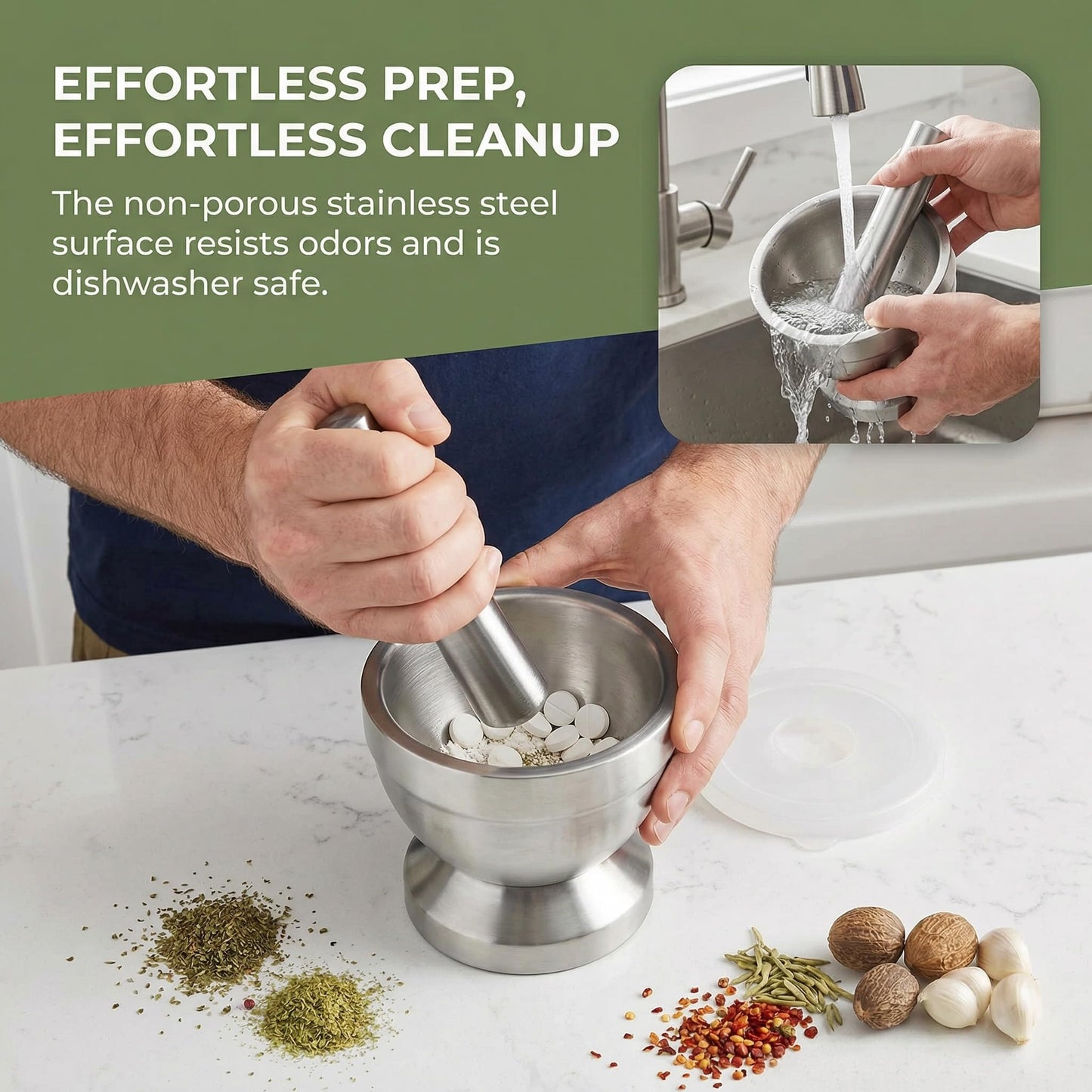 Stainless Steel Mortar and Pestle Set, Spice Grinder & Herb Grinder Bowl with Anti-Slip Base, Large Capacity, Easy to Clean Grinding Tool for Herbs, Spices & Tablets (Large)