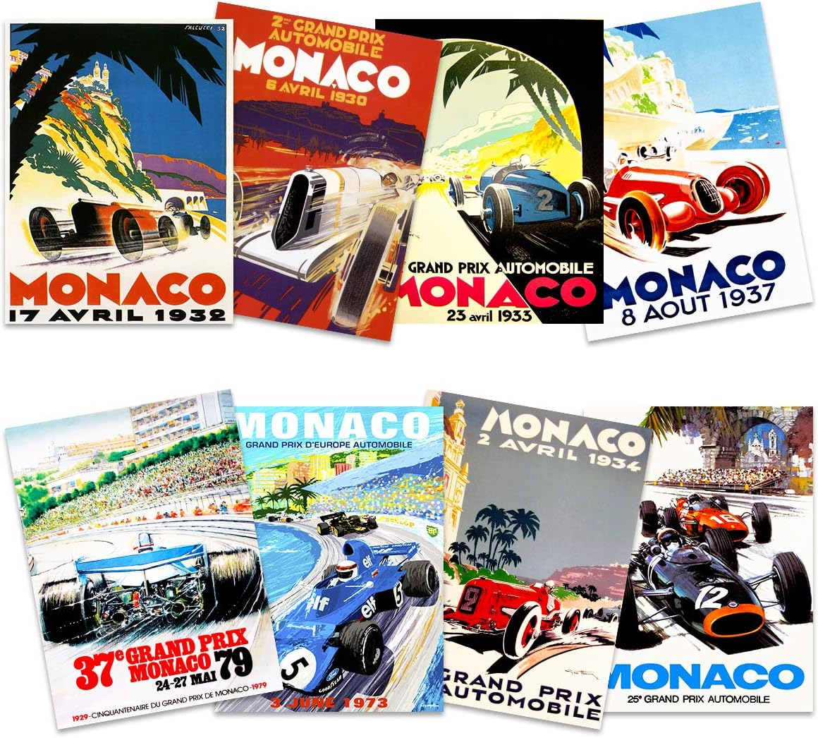 Artery8 Monaco Grand Prix Classic Racing Motor Sport Advert - Premium Wall Art Poster Pack of 8 for Home Decor