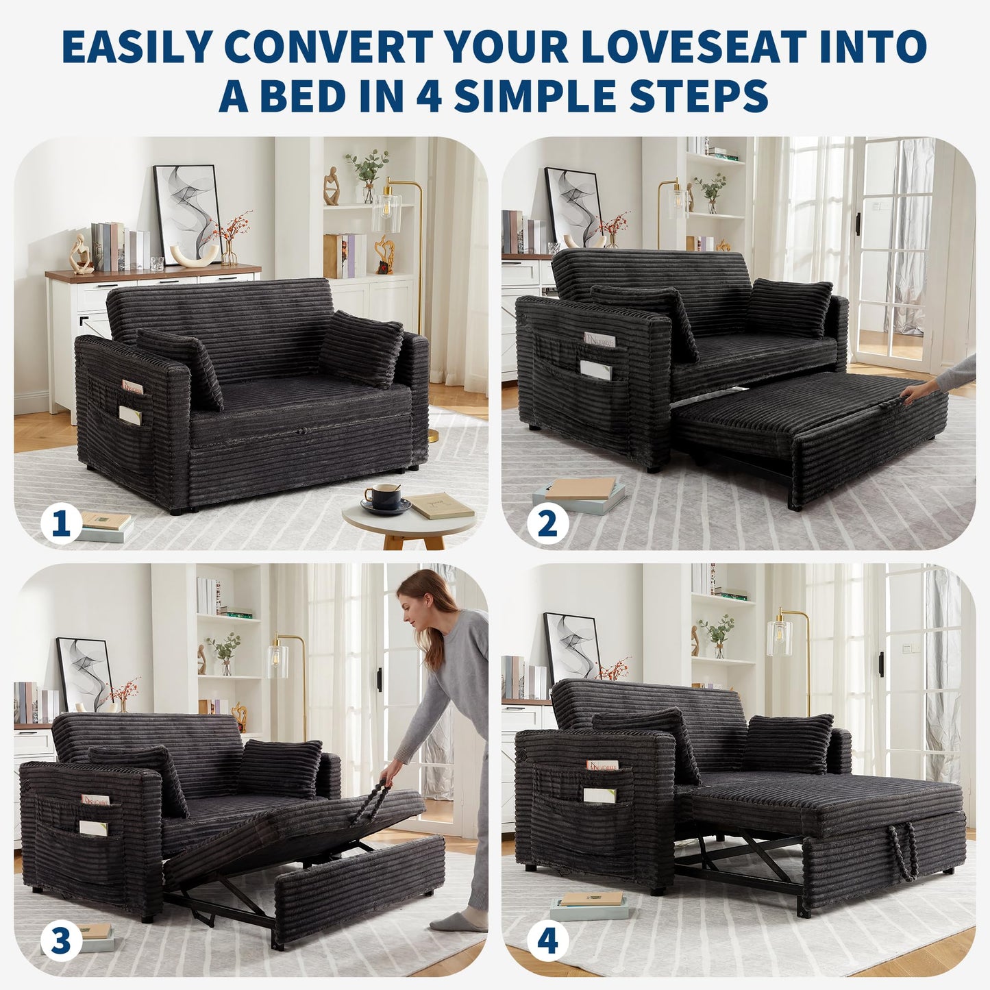 GarveeTech Loveseat Sleeper Sofa Bed, 55'' Pull Out Bed with Adjustable Backrest, Charging Station and Side Pockets, Corduroy Couches for Living Room, Bedroom and Apartment, Dark Grey