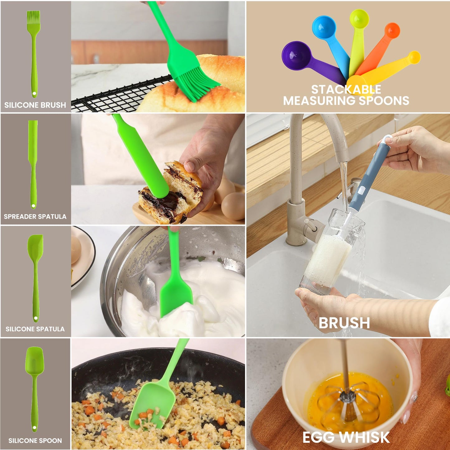 LISI 23Pcs Mixing Bowls Set with Lids, Airtight BPA-Free Nesting Bowls for Mixing, Baking, Cooking & Storage, Dishwasher Safe Serving Bowl, Includes Spatula, Spoons, Brush & Whisk