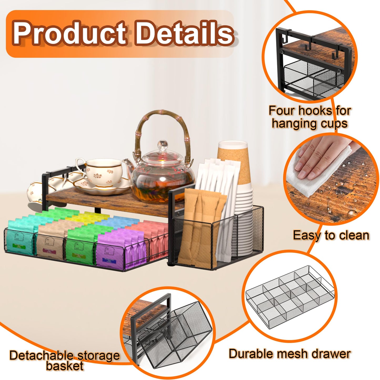 Tea Bag Organizer, Wood Tea Organizers and Storage Chest, Tea Bag Holder with Storage Drawer, 4 Hooks for Tea Cups Holder, Tea Station Chest Display Container Box for Countertop Kitchen, Rustic Brown