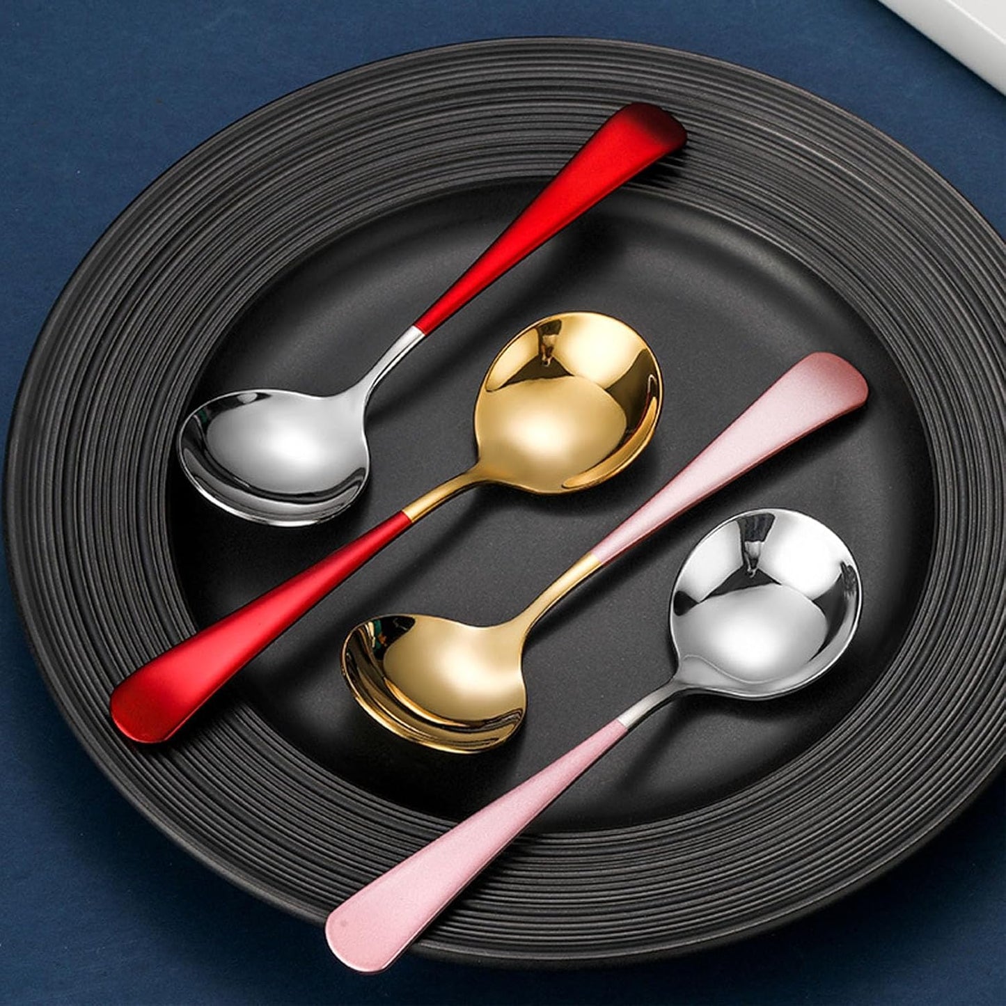 Stainless Steel Soup Spoons Set of 6 - Modern Round Head Spoons for Soup, Grain, Dessert, Milk Tea