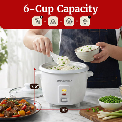 Elite Gourmet ERC-003X Electric Rice Cooker with Automatic Keep Warm Makes Soups, Stews, Grains, Hot Cereals, 6 Cups Cooked (3 Cups Uncooked), White