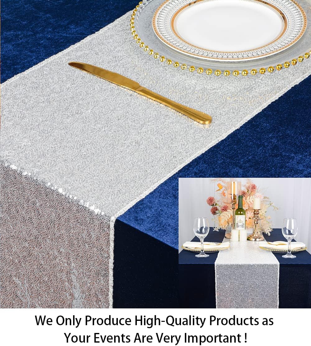 ShinyBeauty Silver Sequin Table Runner 12x108 Inch - Roll-Up Wedding Party Decor, Sparkling Holiday Tablecloth