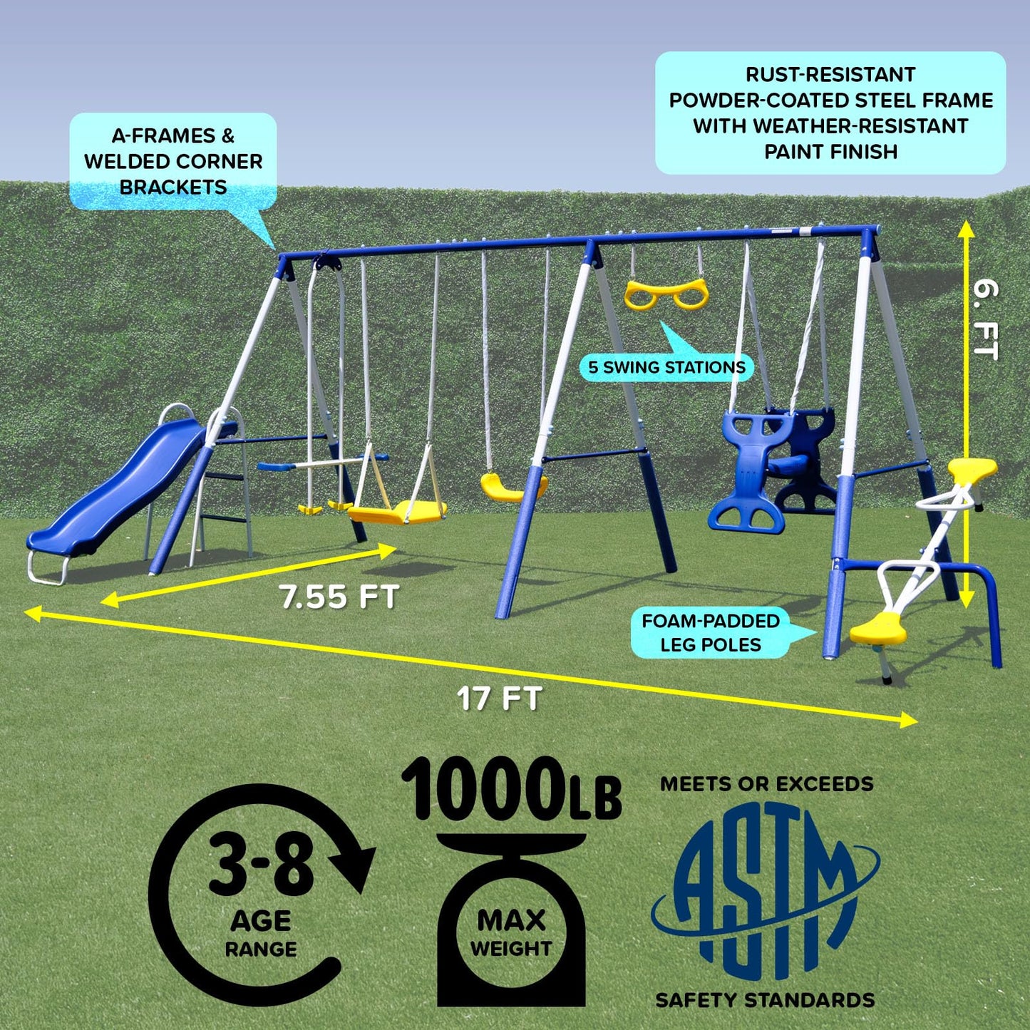 Sportspower Super 9 Metal Swing Set for Outdoor Backyard Play: Teeter Totter, Glide Ride, Roman Glider, Standing Swing, Trapeze, 5ft Slide, Anchor Kit, 7.5' D × 17.1' W × 6.1' H