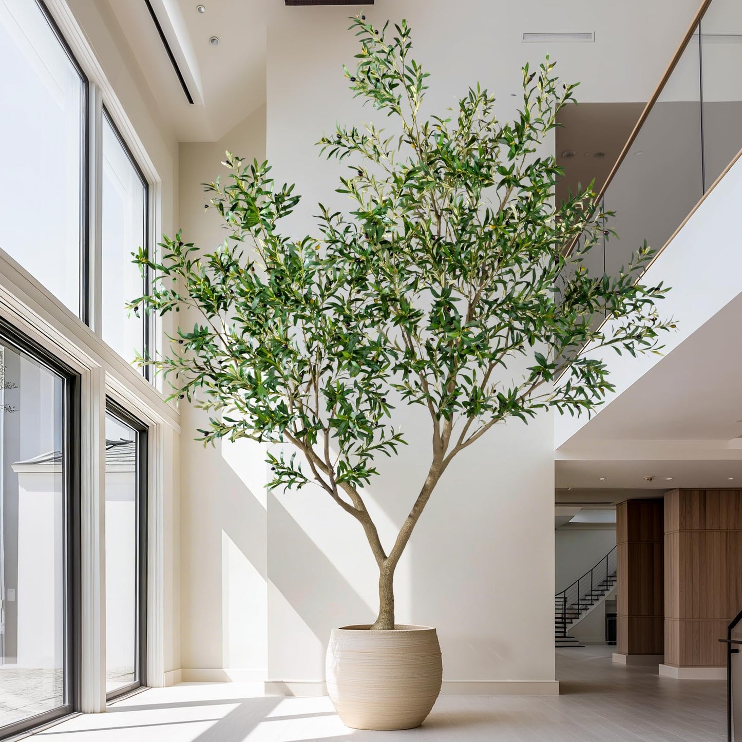 10FT Artificial Olive Tree with Realistic Leaves & Natural Trunk, Faux Silk Olive Plant in White Planter, Tall Fake Tree for Modern Home Office Living Room Entryway Corner Decor, Maintenance Free