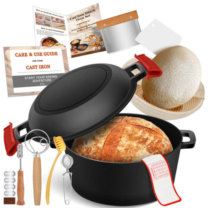 Rectangular Cast Iron Dutch Oven for Bread Baking, Cast Iron Sourdough Bread Pan with Lid Handles Lame, Even Heat Bread Baking Pan for Homemade Bread Cake Meatloaf, 3.2QT