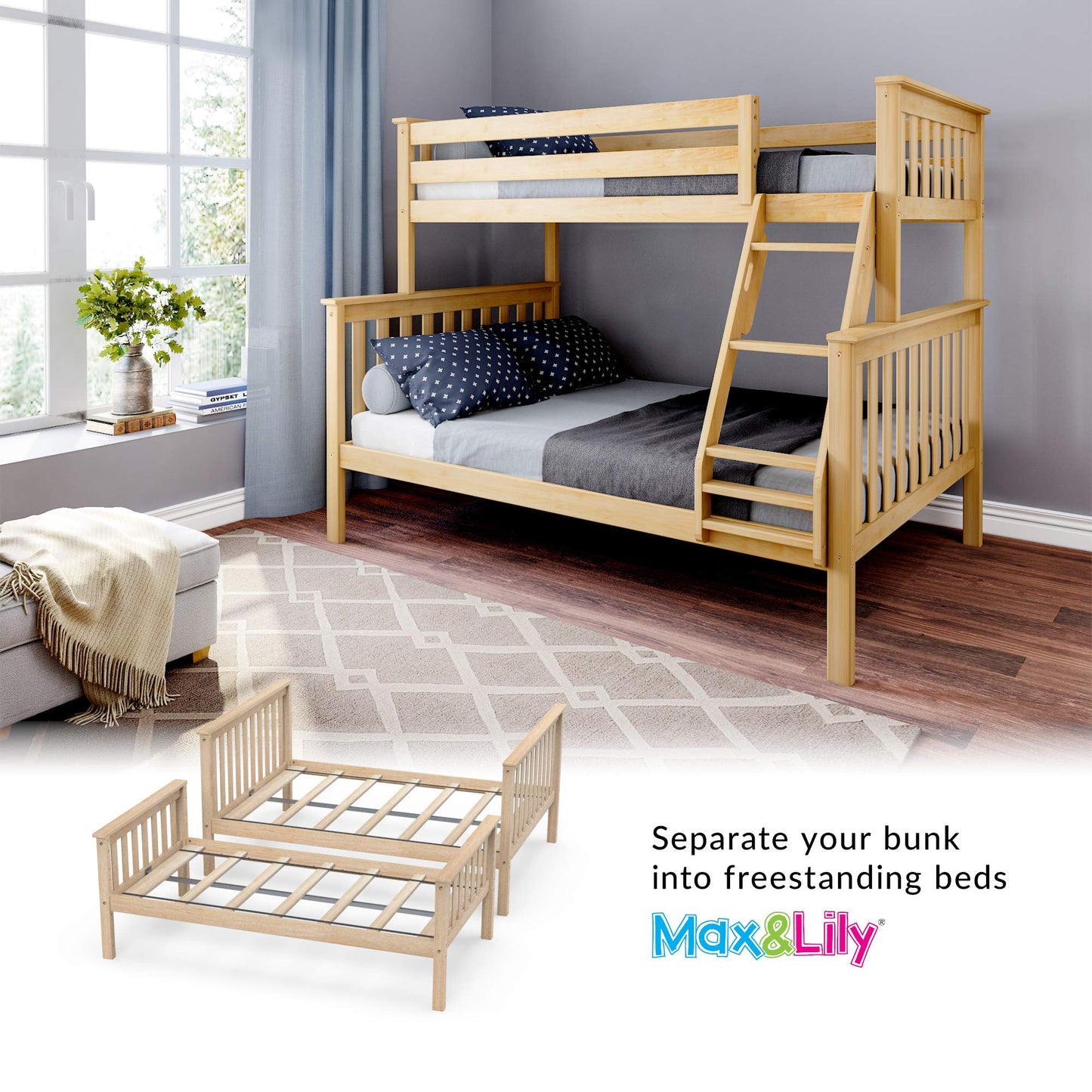Max & Lily Bunk Bed Twin Over Full Size with Ladder, Solid Wood Platform Bed Frame with Ladder for Kids, 14" Safety Guardrails, Easy Assembly, No Box Spring Needed, Natural