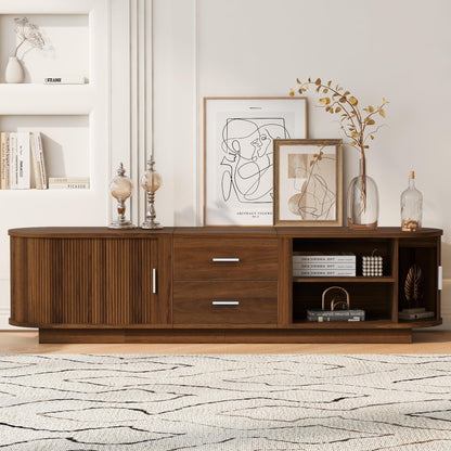 Merax 70.8" Fluted TV Stand for 65-70 Inch TVs, Modern Wood Entertainment Center with Sliding Doors, Storage Drawers, Rounded Corners, Easy-Clean Media Console Cabinet, Antique Brown