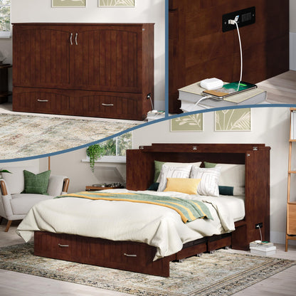 AFI, Aspen Mid-Century Modern Queen Solid Wood Murphy Bed Chest with 6" Mattress, Storage Drawer & Built-in USB Charger, Walnut