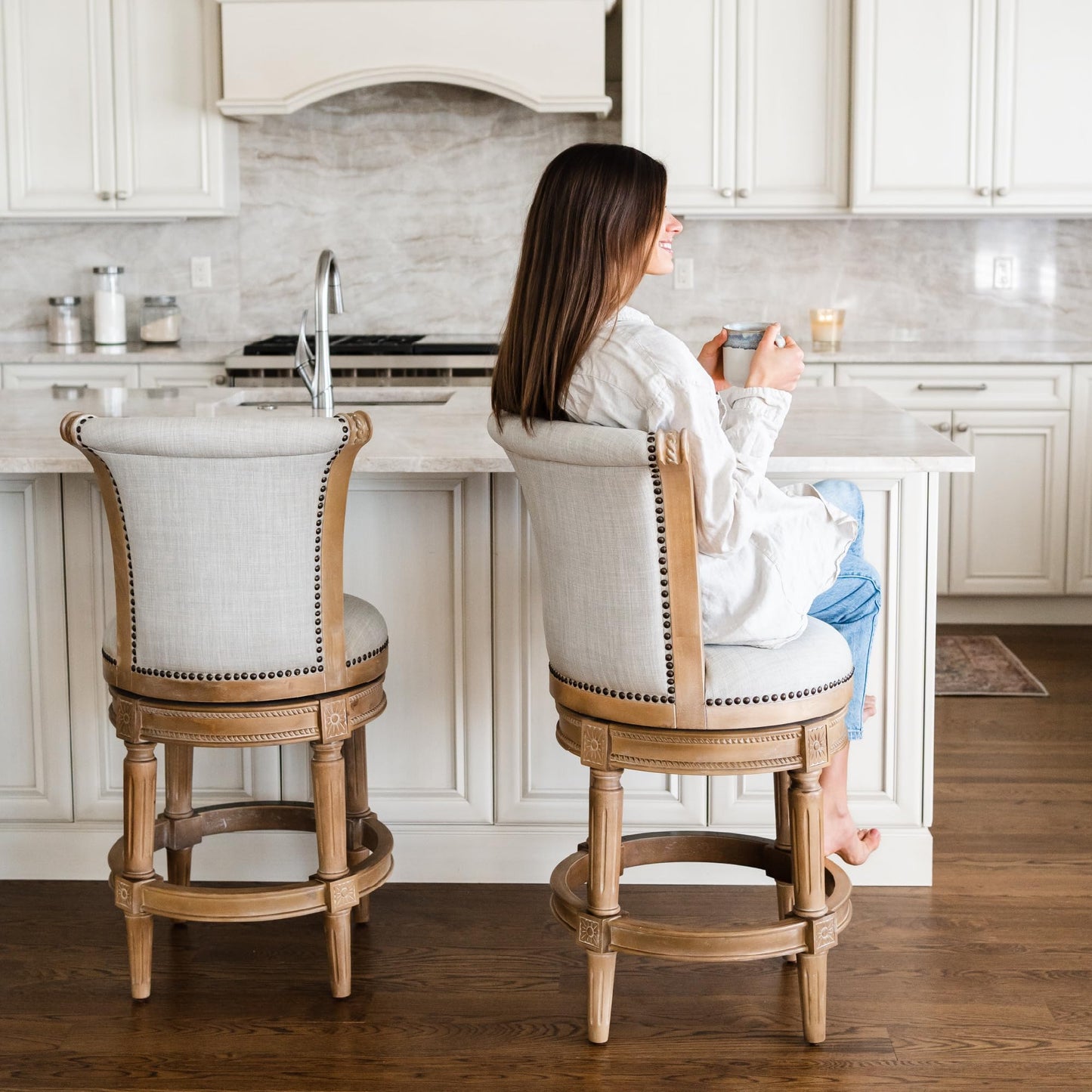 Maven Lane Pullman Bar Stool 31 Inches – Set of 2 – Swivel Stools with Footrest – Light Brown Solid Wood Frame & Natural Fabric Upholstery – Perfect for Bars, Pub Tables & Tall Kitchen Counters