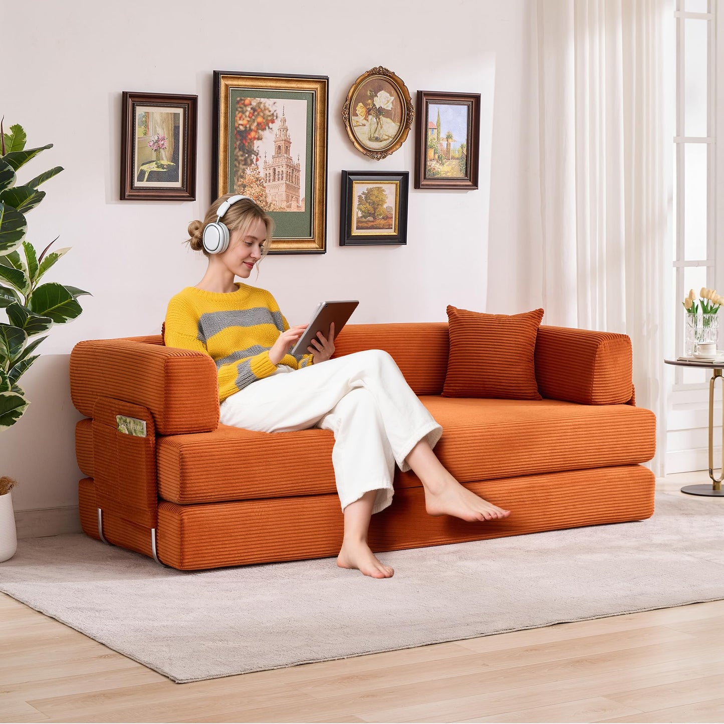 IDEALHOUSE Convertible Sofa Bed 5-in-1, 78.8 Inch Folding Futon Couch with Pull Out Bed, Corduroy Upholstered No-Assembly Loveseat Sleeper for Living Room, Bedroom, Lounge, Orange