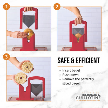Hoan Bagel Biter Slicer and Cutter with Safety Shield - Serrated Blade Cuts Bagels, Muffins, Buns and Rolls - Dishwasher Safe Bagel Guillotine, 9.25 Inches Tall, Red