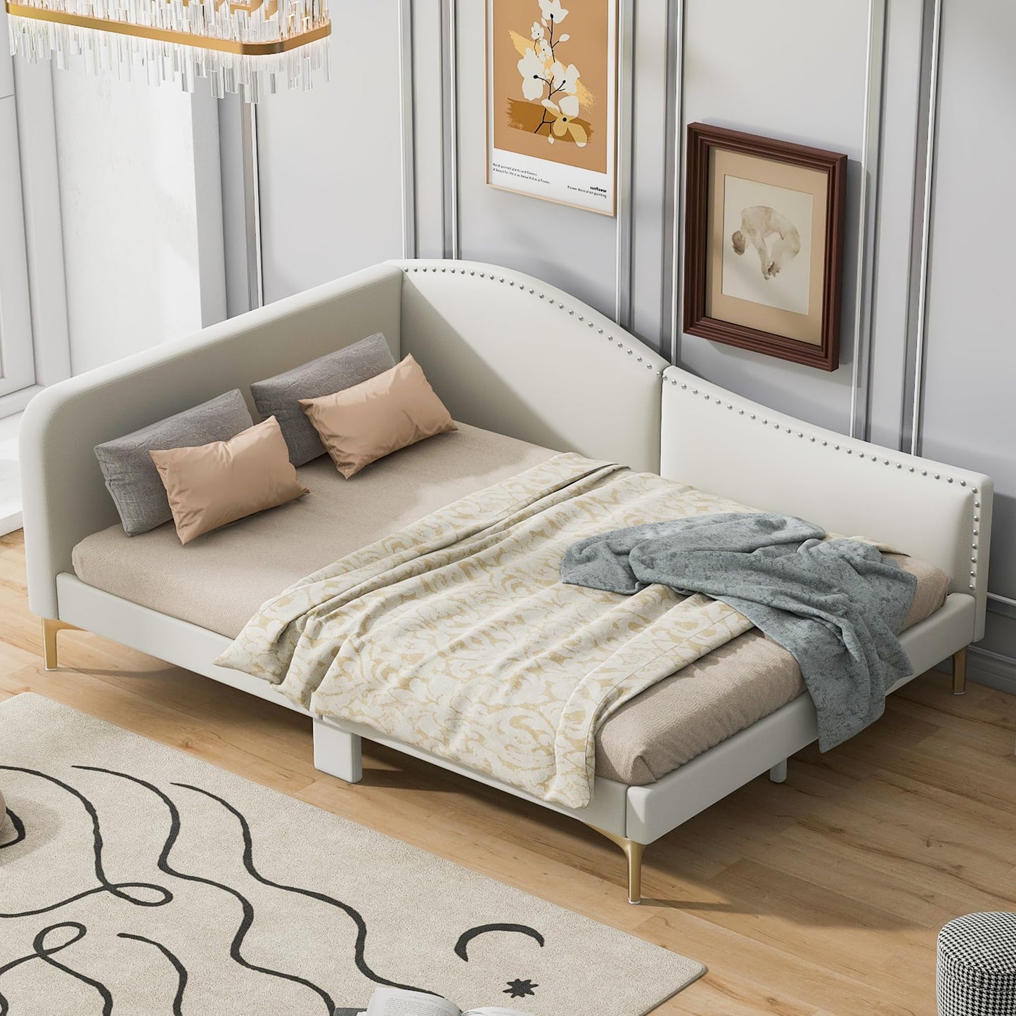 Full Size Upholstered Daybed with Headboard and Armrest, Linen-Finish Bed with Support Legs, Modern Sofa Bed for Guest Rooms, Studio Apartments, or Living Spaces, Sturdy Pine Wood Frame, Beige