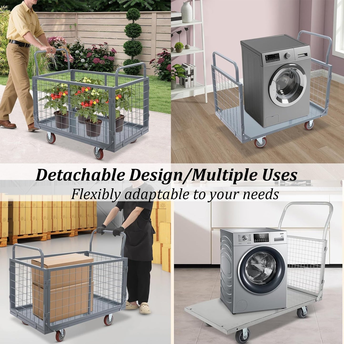 Heavy Duty Foldable Platform Cart with Cage, 2000 LBS Capacity, Ideal for Warehouse Supermarkets and Multipurpose Use