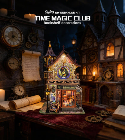Spilay DIY Miniature House Kit, House Building Kit 3D Wooden Puzzle with LED Lights, Book Nook Kit for Adult Bookshelf Decor&Gift for Birthday Halloween Christmas（Time Magic Club）