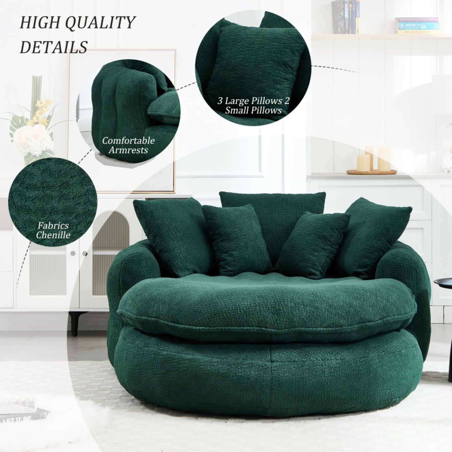 WEALTHOUSE Oversized Oval Floor Sofa Lounger with Pillows Ergonomic Wrap Around Backrest Chenille Fabric Memory Foam Filled Lazy Chair for Adults Living Room (Emerald)
