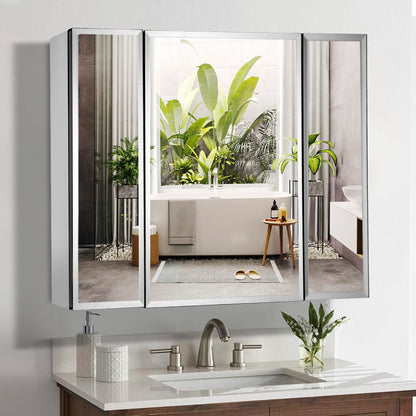Movo Double Doors Medicine Cabinet with Mirror, 36 inch X 26 inch Aluminum Bathroom Medicine Cabinet, Adjustable Glass Shelves, Waterproof and Rust-Resist, Recess or Surface Mount Installation,Silver