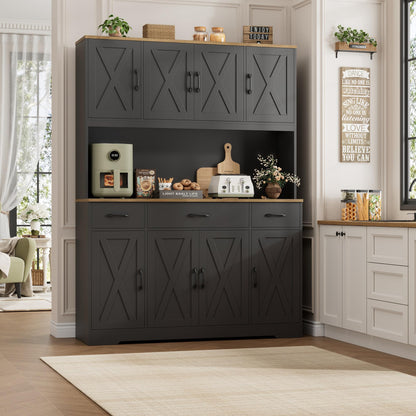 HOSTACK 71" Tall Pantry Cabinet with Charging Station, 55" Wide Kitchen Pantry Storage Cabinet with Countertop, Large Kitchen Hutch with Storage Drawers and Microwave Stand for Dining Room, Black