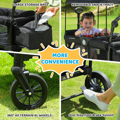 ELEMARA Foldable Wagon Stroller, Stroller Wagon for 2 Kids, Premium All Terrain Wagon for Kids with Removable Canopy, Adjustable Push/Pull Handle, Harnesses, Large Storage Bag, Black
