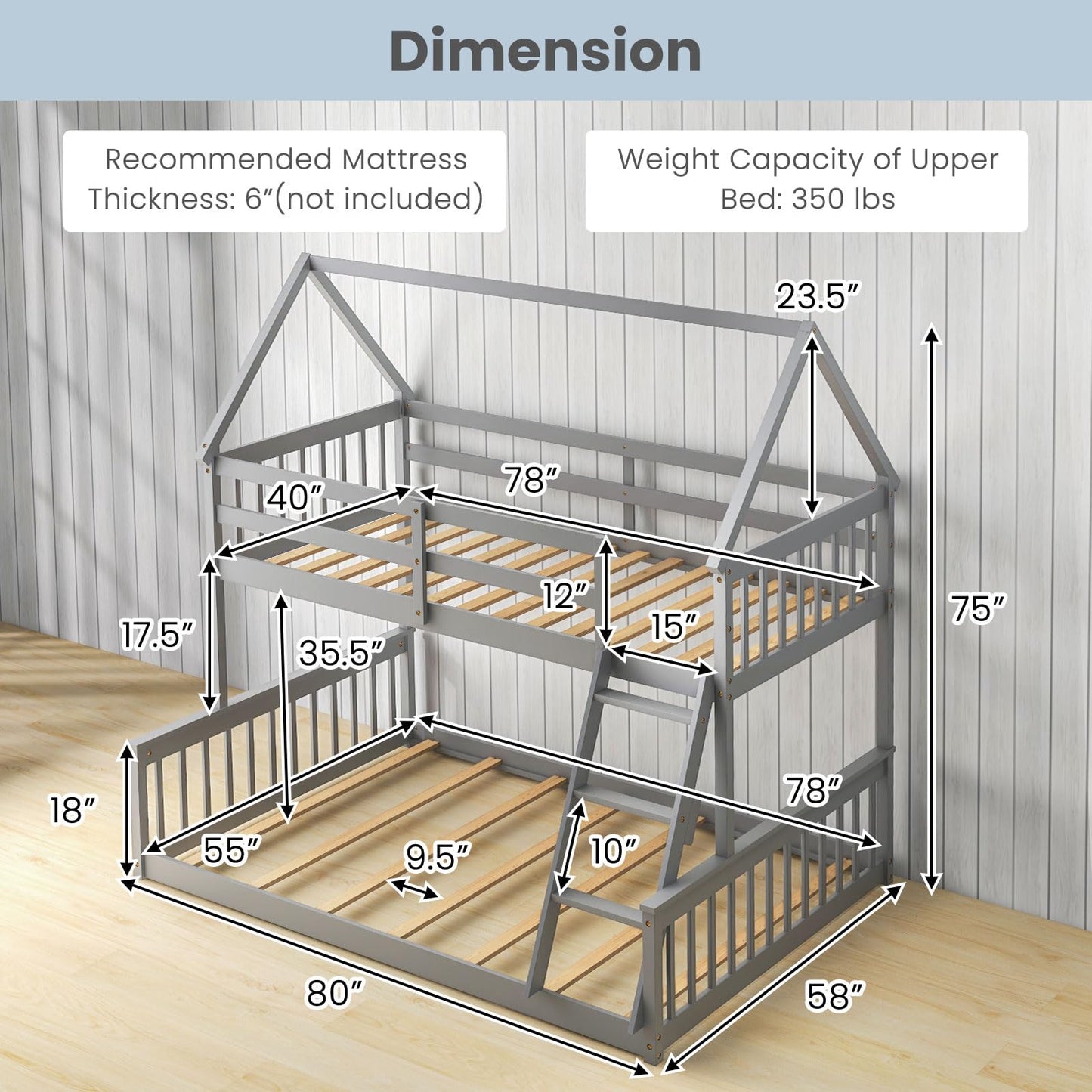 KOMFOTT Wood Twin Over Full House Bunk Bed with Built in Ladder, Solid Pine Wood Bunk Bed Frame with Safety Guardrails, House Bunk Bed Frame for Kids, Teens, Juniors, No Box Spring Needed (Grey)