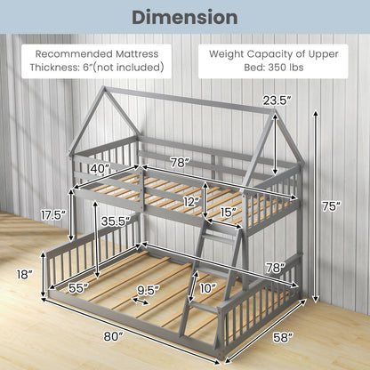 KOMFOTT Wood Twin Over Full House Bunk Bed with Built in Ladder, Solid Pine Wood Bunk Bed Frame with Safety Guardrails, House Bunk Bed Frame for Kids, Teens, Juniors, No Box Spring Needed (Grey)
