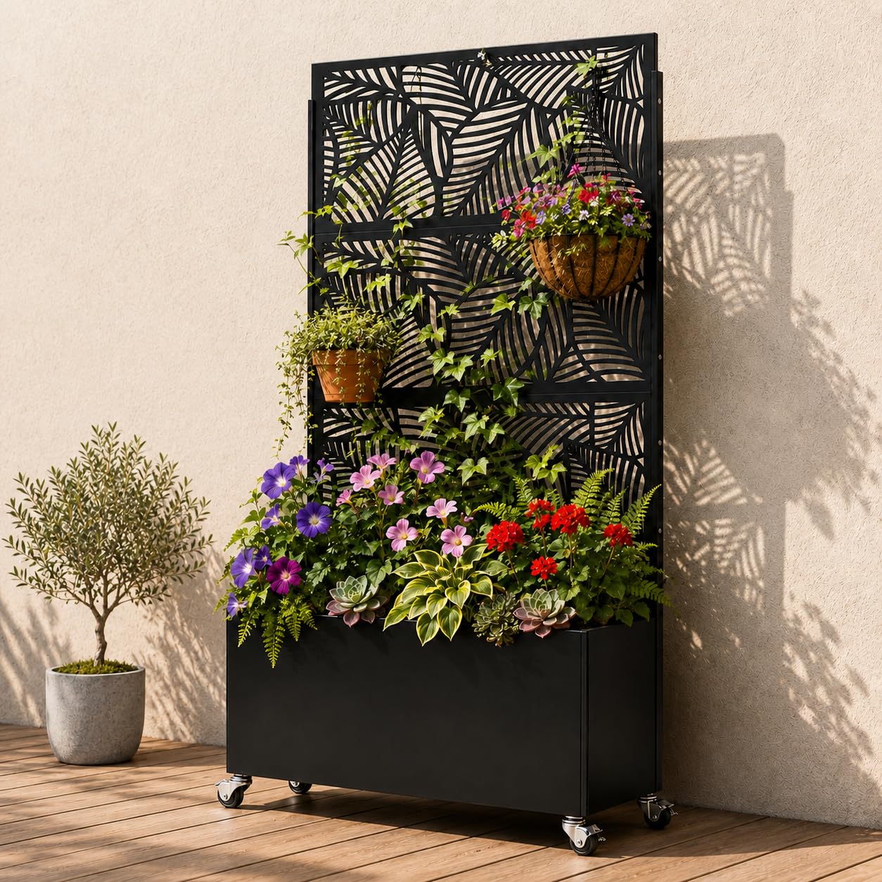 Veemuaro Metal Planter Box with Trellis, 70" H × 46" L Freestanding Outdoor Raised Garden Bed with Privacy Screen, Wheels and Drainage Holes, Leaf Privacy Screen Planter Box for Garden, 2PCS