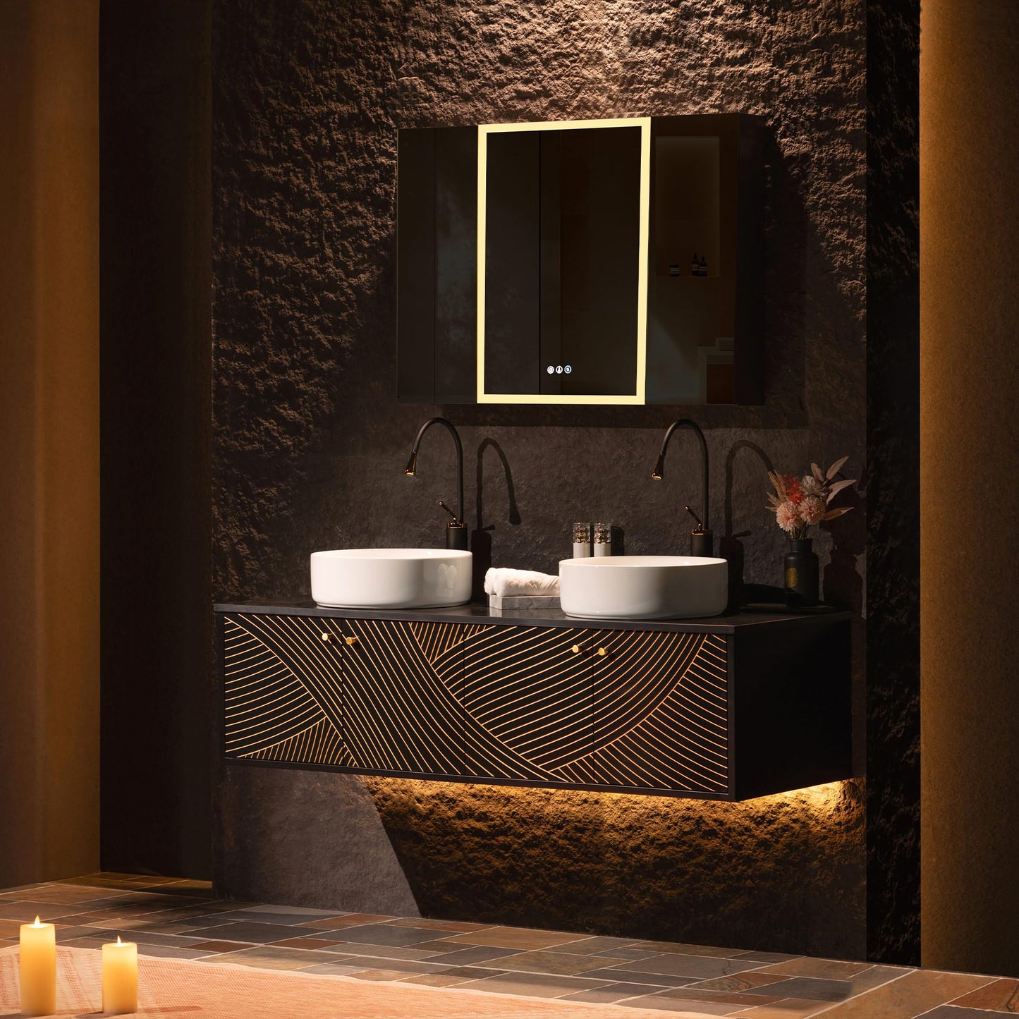 Woodbridge 60"X22" Wall Mounted Vanity with Double Ceramic Round Vessel Sinks,Black Engineered Stone Vanity Top,Floating Design with Hand-Painted Black & Gold Accents,Space-Saving for Modern Living