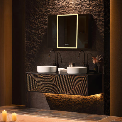 Woodbridge 60"X22" Wall Mounted Vanity with Double Ceramic Round Vessel Sinks,Black Engineered Stone Vanity Top,Floating Design with Hand-Painted Black & Gold Accents,Space-Saving for Modern Living