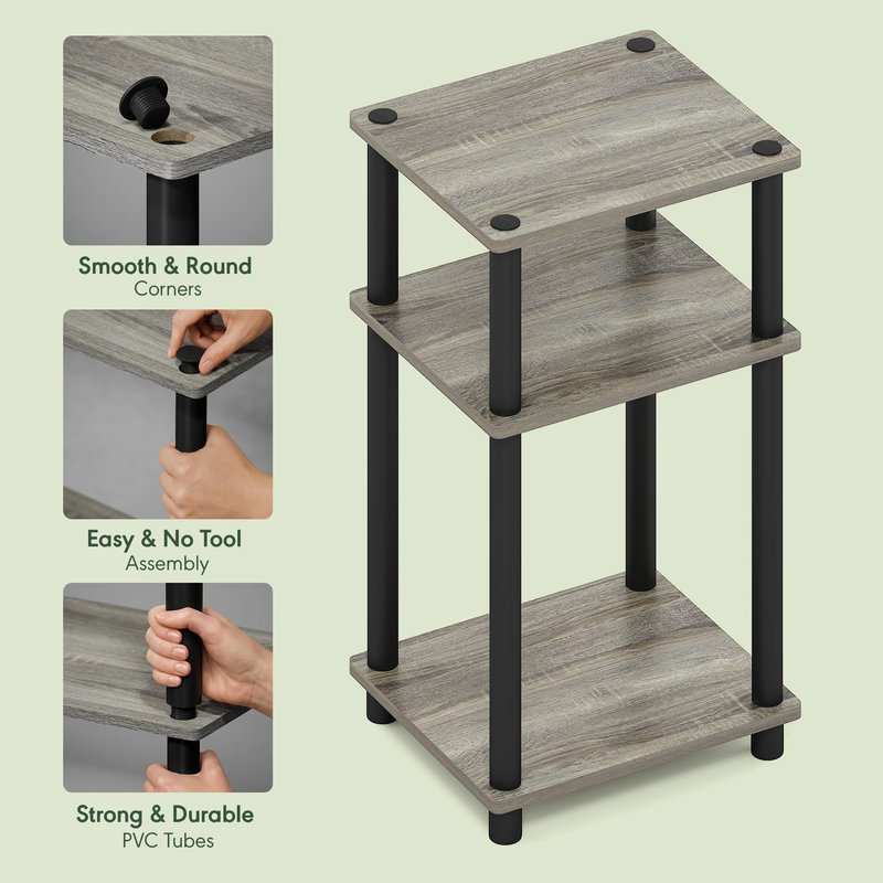 Furinno JUST Side Table, 3-Tier End Table, Open Shelves Night Stand, Bedside Table, Toolless Assembly, for Living Room, Bedroom, Bathroom, French Oak