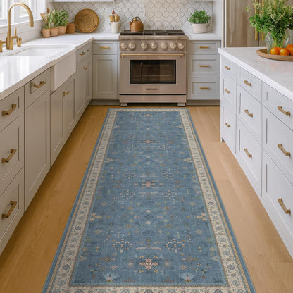 Blue Boho Runner Rug - Washable Non-Slip 2'6''x8' Hallway Rug with Colorful Floral Print