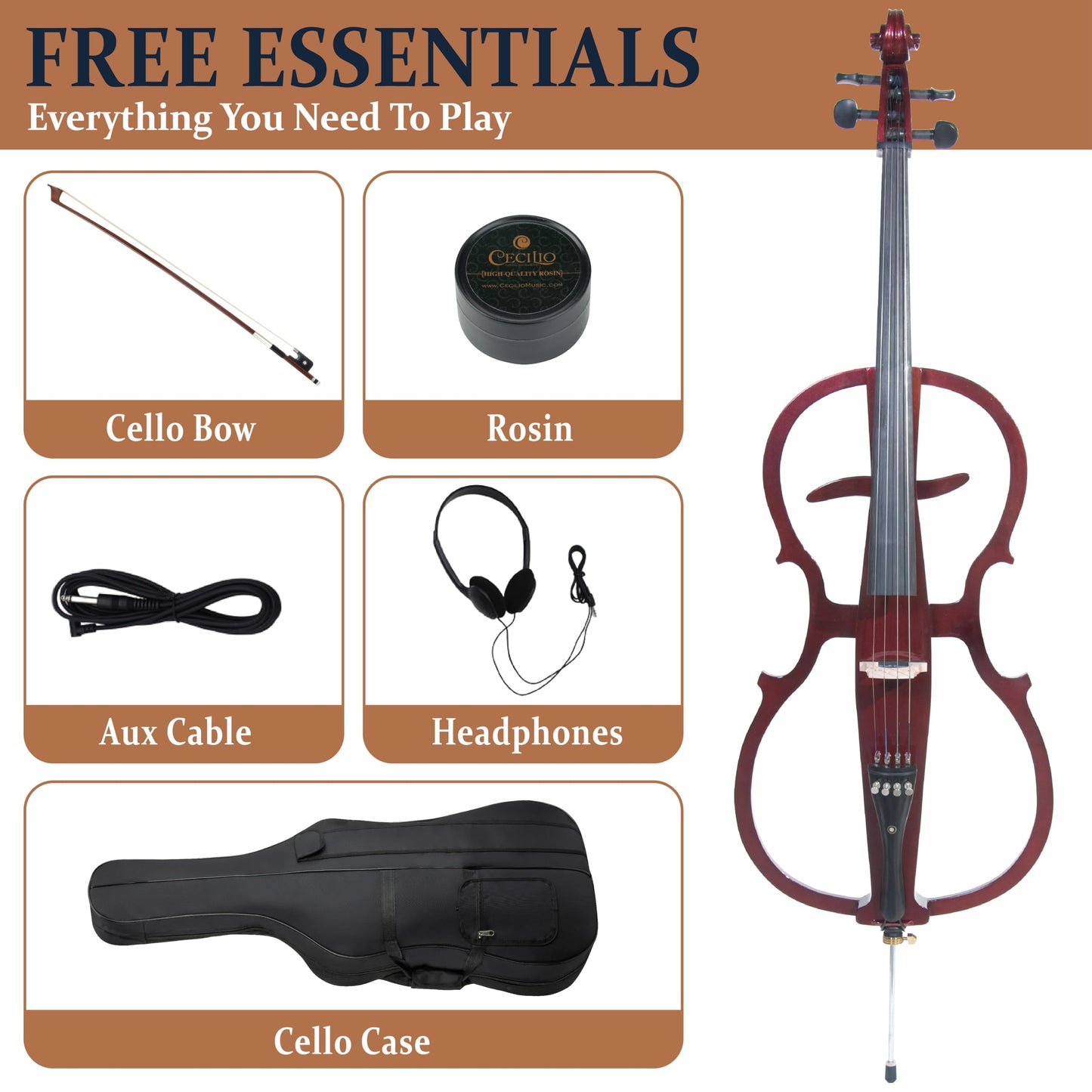 Cecilio CECO-1DW Ebony Electric Silent Metallic Mahagony Cello in Style 1, Size 4/4 (Full Size)
